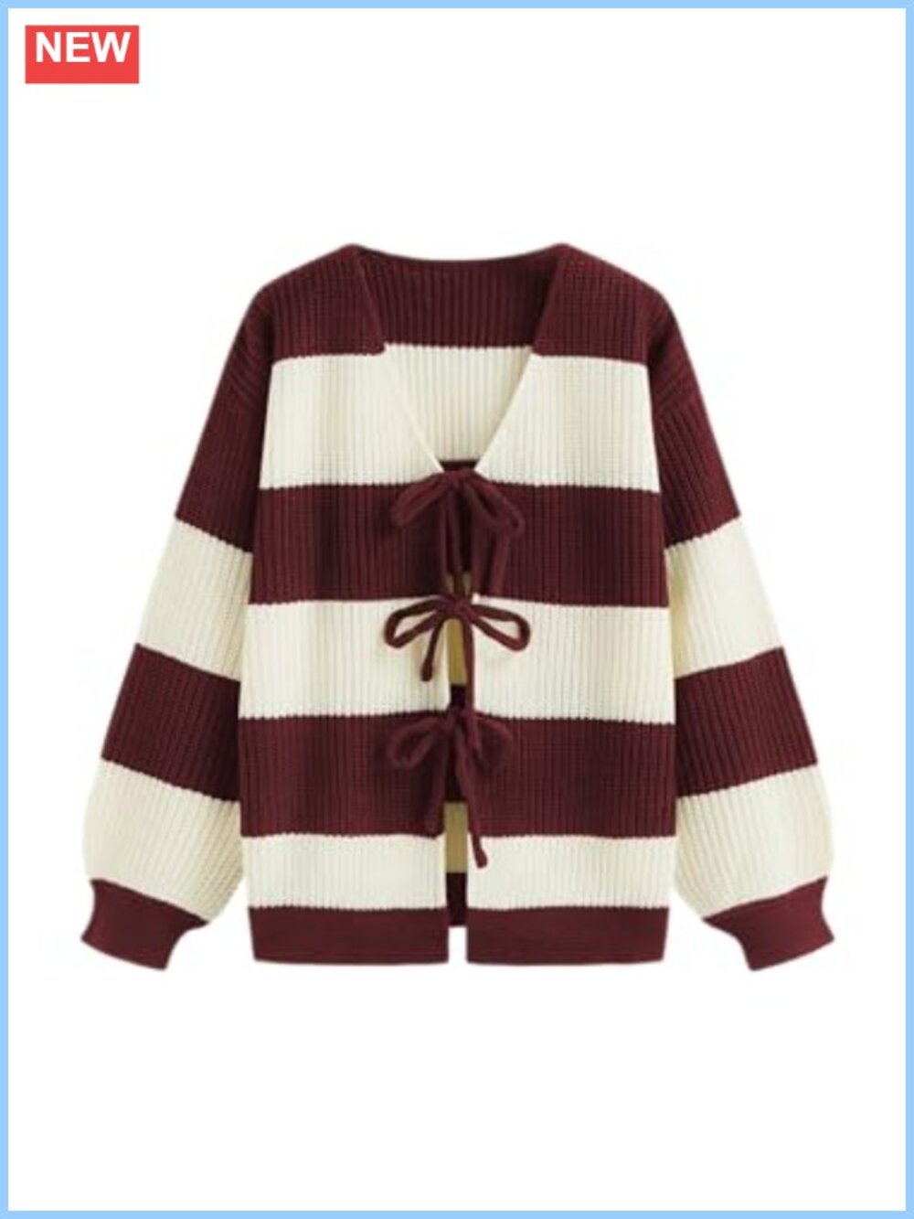 Women's Tie Front Striped Cardigan Knit Cropped Sweater Balloon Sleeve